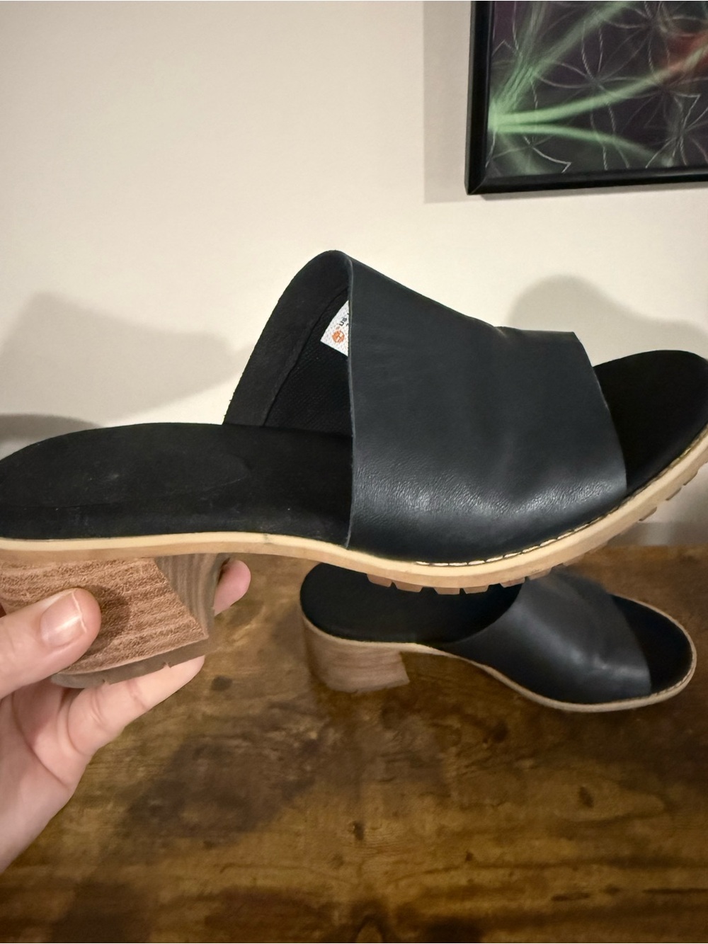 Timberland Black Leather Slide Sandals with Tan Wood Heel - Picture 4 of 10